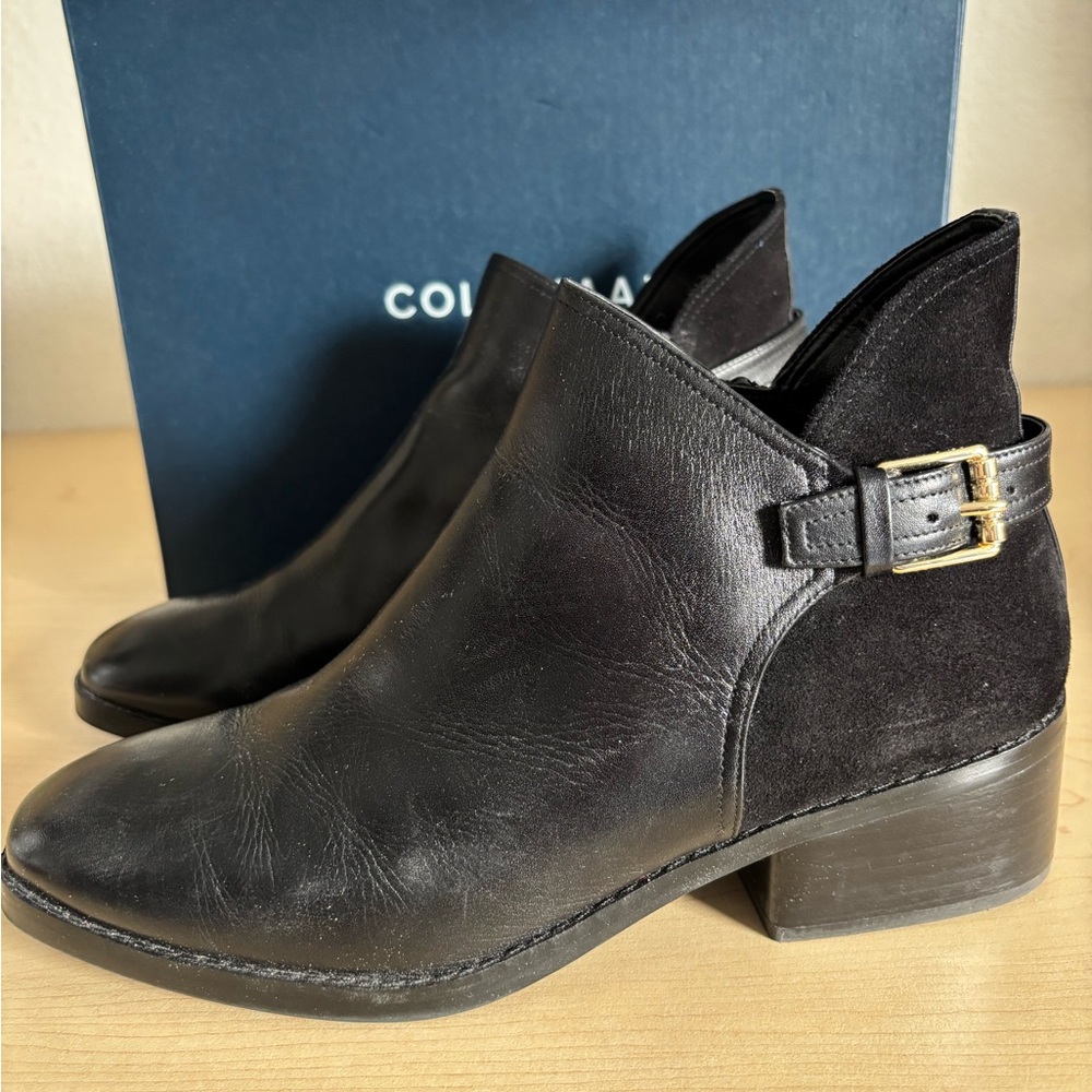 Cole Haan Black Leather Ankle Boot with Gold Buckle Accent - Picture 10 of 12